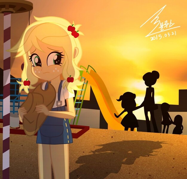 Size: 1000x959 | Tagged: safe, artist:bluse, derpibooru import, applejack, equestria girls, cute, feels, female, jackabetes, my parents are dead, show accurate, silhouette, younger
