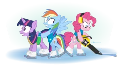 Size: 945x525 | Tagged: safe, artist:dm29, derpibooru import, pinkie pie, rainbow dash, twilight sparkle, twilight sparkle (alicorn), alicorn, earth pony, pegasus, pony, winter wrap up, chainsaw, clothes, earmuffs, female, ice, ice skates, ice skating, mare, simple background, this will end in tears, transparent background, trio, vest, weather team, winter wrap up vest