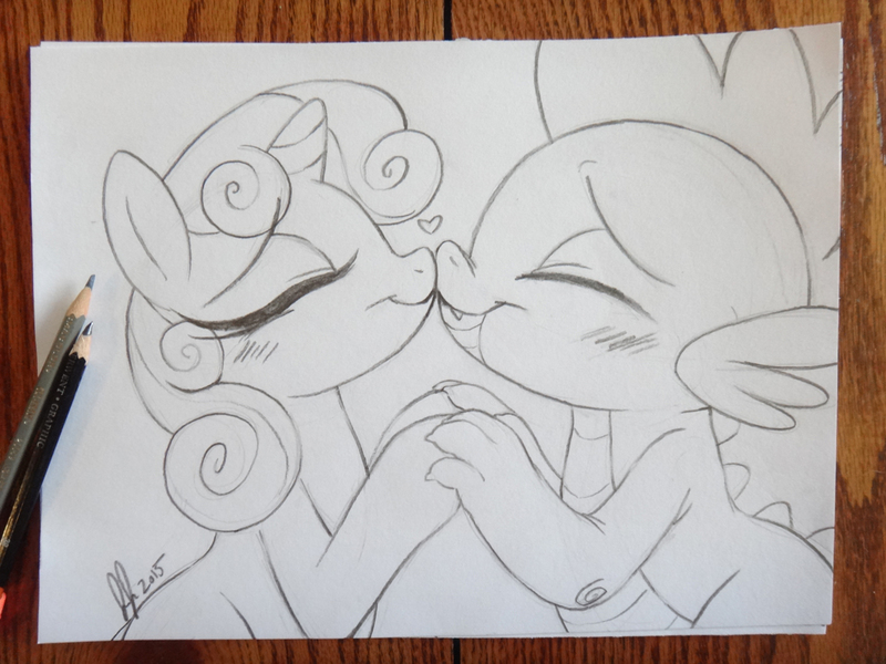 Size: 1152x864 | Tagged: safe, artist:prettypinkpony, derpibooru import, spike, sweetie belle, female, grayscale, male, monochrome, shipping, spikebelle, straight, traditional art