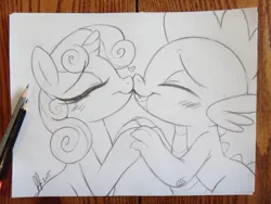 Size: 1152x864 | Tagged: safe, artist:prettypinkpony, derpibooru import, spike, sweetie belle, female, grayscale, male, monochrome, shipping, spikebelle, straight, traditional art