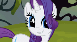 Size: 853x467 | Tagged: safe, derpibooru import, screencap, rarity, pony, unicorn, spike at your service, animated, cute, faic, female, grin, hair over one eye, imma snuggle you, mare, raribetes, smiling, solo, vibrating