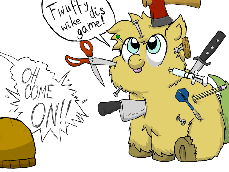 Size: 1600x1200 | Tagged: safe, artist:fluffytaffy, artist:the mungoman, derpibooru import, fluffy pony, :p, abuse, axe, corkscrew, dart, fluffy pony grimdark, grimderp, invulnerability, knife, looking up, nail, needle, oh come on, pencil, pin, scissors, screw, simple background, sitting, smiling, syringe, tongue out, underhoof, weapon, white background