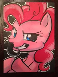 Size: 1024x1365 | Tagged: safe, artist:joshuadraws, derpibooru import, pinkie pie, fake moustache, grin, moustache, solo, traditional art