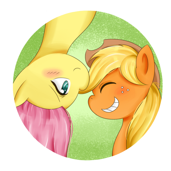 Size: 900x900 | Tagged: safe, artist:cartoonartist, artist:senseijiufu, derpibooru import, applejack, fluttershy, appleshy, blushing, eyes closed, female, grin, lesbian, shipping, smiling, upside down