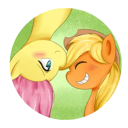 Size: 900x900 | Tagged: safe, artist:cartoonartist, artist:senseijiufu, derpibooru import, applejack, fluttershy, appleshy, blushing, eyes closed, female, grin, lesbian, shipping, smiling, upside down