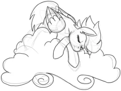 Size: 500x376 | Tagged: artist:lovelywaifu, cloud, derpibooru import, fleetfoot, monochrome, safe, sketch, sleeping, solo