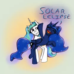 Size: 700x700 | Tagged: safe, artist:gigicurtis, derpibooru import, princess celestia, princess luna, pony, alicorn eclipse, bipedal, catasterism, eclipse, eyes closed, frown, luna eclipsing celestia, open mouth, pun, raised leg, smiling, solar eclipse, unamused, visual pun