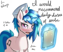 Size: 3120x2560 | Tagged: safe, artist:ligerstorm, derpibooru import, vinyl scratch, pony, unicorn, blushing, clipboard, dialogue, female, hat, levitation, looking at you, magic, mare, nurse, nurse hat, open mouth, simple background, solo, white background