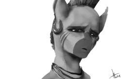 Size: 610x397 | Tagged: ambiguous facial structure, ambiguous gender, anthro, artist:adolphbartels, derpibooru import, grayscale, lineless, looking at you, monochrome, safe, simple background, solo, white background, zebra, zecora