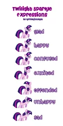 Size: 1888x3780 | Tagged: artist:keniakittykat, confused, derpibooru import, excited, expression, expressions, happy, offended, sad, safe, solo, twilight sparkle, unhappy