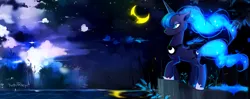 Size: 1881x746 | Tagged: artist:arneipia, dead source, derpibooru import, forest, moon, night, princess luna, reflection, safe, solo, spread wings, water