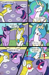 Size: 844x1280 | Tagged: angry, artist:caluriri, blushing, comic, derpibooru import, exclamation point, eye contact, eyes closed, female, floppy ears, glare, grin, guardsmare, nervous, now kiss, open mouth, princess celestia, royal guard, safe, shipper on deck, smiling, twilight sparkle, wide eyes