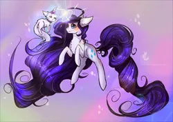 Size: 1024x724 | Tagged: safe, artist:wilvarin-liadon, derpibooru import, opalescence, rarity, cat, pony, unicorn, abstract background, chest fluff, cute, duo, ear fluff, floating, glowing horn, impossibly large mane, impossibly long tail, leg fluff