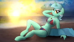 Size: 3840x2160 | Tagged: suggestive, artist:drawponies, derpibooru import, lyra heartstrings, anthro, unguligrade anthro, armpits, beach, belly button, bikini, breasts, clothes, female, solo, solo female, swimsuit, tongue out, wallpaper, wallpaper for the fearless
