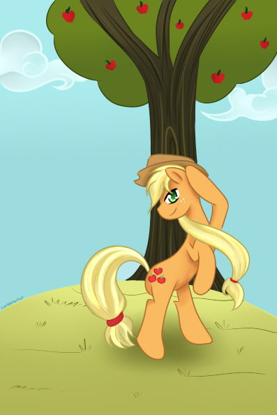 Size: 397x594 | Tagged: applehat, applejack, artist:cartoonartist, artist:senseijiufu, derpibooru import, safe, solo, tree