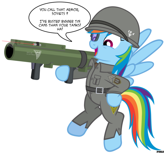 Size: 3000x2787 | Tagged: allied nations, artist:a4r91n, command and conquer, crossover, derpibooru import, helmet, military uniform, rainbow dash, red alert, rocket launcher, safe, simple background, soldier, solo, speech bubble, transparent background, vector