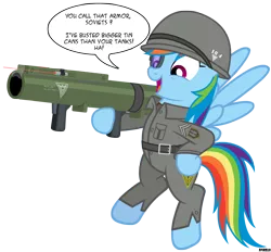 Size: 3000x2787 | Tagged: allied nations, artist:a4r91n, command and conquer, crossover, derpibooru import, helmet, military uniform, rainbow dash, red alert, rocket launcher, safe, simple background, soldier, solo, speech bubble, transparent background, vector