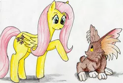 Size: 2616x1762 | Tagged: artist:40kponyguy, cabbit, crossover, derpibooru import, fluttershy, ryo-ohki, safe, tenchi muyo, traditional art