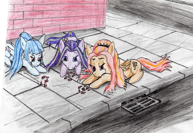 Size: 3238x2232 | Tagged: safe, artist:40kponyguy, derpibooru import, adagio dazzle, aria blaze, sonata dusk, ponified, pegasus, pony, crying, feels, homeless, poverty, the dazzlings, traditional art