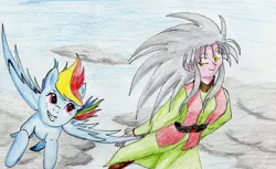 Size: 3359x2053 | Tagged: safe, artist:40kponyguy, derpibooru import, rainbow dash, crossover, flying, ryoko, tenchi muyo, traditional art