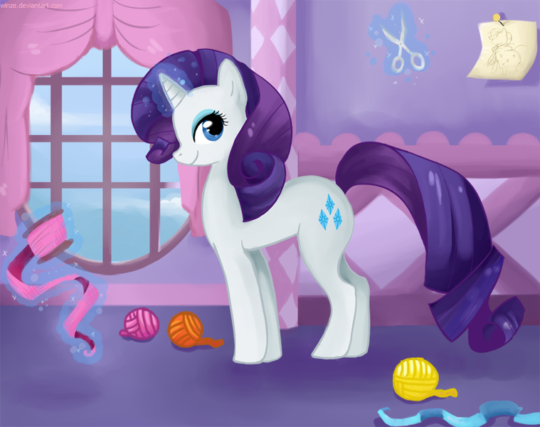 Size: 904x715 | Tagged: safe, artist:taskuli, derpibooru import, rarity, looking at you, magic, profile, ribbon, scissors, smiling, solo, telekinesis, window, yarn