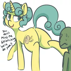 Size: 600x600 | Tagged: suggestive, artist:whydomenhavenipples, derpibooru import, oc, oc:anon, oc:michelle, unofficial characters only, human, pony, dock, featureless crotch, human on pony action, interspecies, macro, plot, presenting, size difference, teasing