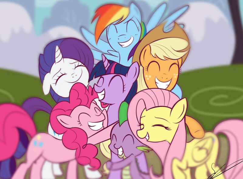 Size: 1280x943 | Tagged: applejack, artist:styber, derpibooru import, fluttershy, group hug, hug, mane seven, mane six, pinkie pie, rainbow dash, rarity, safe, spike, twilight sparkle