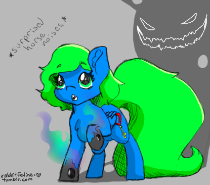 Size: 415x366 | Tagged: artist:bunnycat, behind you, changeling, changing, derpibooru import, descriptive noise, female, horse noises, meme, monster, oc, oc:sweet key, safe, scared, secrets, shadow, unofficial characters only