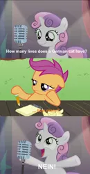 Size: 870x1674 | Tagged: bad sweetie belle joke, bloom and gloom, derpibooru import, german, pun, safe, scootaloo, sweetie belle