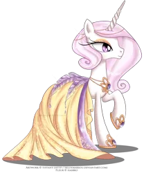 Size: 1190x1432 | Tagged: safe, artist:tiffanymarsou, derpibooru import, fleur-de-lis, pony, unicorn, clothes, dress, female, gala dress, jewelry, mare, raised hoof, simple background, solo, transparent background