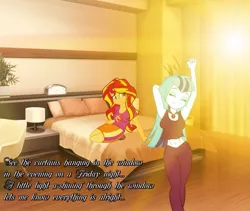 Size: 953x806 | Tagged: safe, artist:discorded-joker, derpibooru import, sonata dusk, sunset shimmer, equestria girls, rainbow rocks, cute, female, lesbian, lyrics, photoshop, seals and croft, shipping, smiling, song reference, sunata, sunset