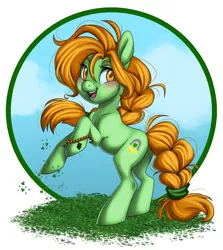 Size: 1118x1253 | Tagged: safe, artist:blithedragon, derpibooru import, oc, oc:lucky charm, unofficial characters only, earth pony, pony, braid, braided tail, charm, clover, four leaf clover, hoofband, rearing, solo
