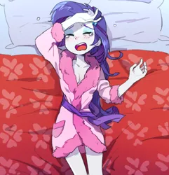 Size: 588x610 | Tagged: dead source, suggestive, artist:baekgup, derpibooru import, rarity, equestria girls, suited for success, bathrobe, bed, breasts, cleavage, clothes, crying, drama queen, equestria girls interpretation, female, i'm so pathetic, marshmelodrama, pillow, robe, scene interpretation, solo, solo female, wangst