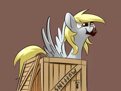 Size: 1024x768 | Tagged: safe, derpibooru import, derpy hooves, pegasus, pony, derpin daily, box, crate, female, mare, muffin, nom, pony in a box, solo, spread wings, underpable is trying to murder us