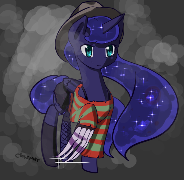 Size: 1280x1255 | Tagged: artist:acharmingpony, clothes, costume, crossover, derpibooru import, fishnets, freddy krueger, hat, nightmare on elm street, princess luna, safe, solo, stockings