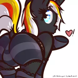 Size: 2000x2000 | Tagged: suggestive, artist:itspencilguy, derpibooru import, oc, oc:velvet remedy, unofficial characters only, pony, unicorn, fallout equestria, fanfic, adorasexy, air kiss, clothes, cute, dock, fanfic art, female, frilly underwear, heart, hooves, horn, kissy face, looking at you, looking back, looking back at you, mare, nudity, panties, plot, presenting, sexy, simple background, socks, solo, solo female, striped socks, striped underwear, the ass was fat, white background