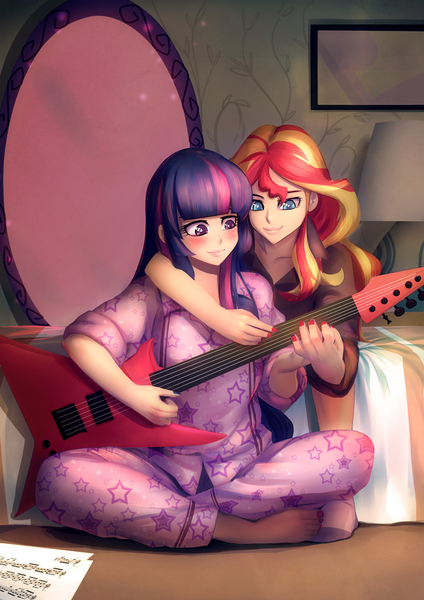 Size: 990x1400 | Tagged: safe, artist:bakki, derpibooru import, sunset shimmer, twilight sparkle, equestria girls, barefoot, bed, bedroom, blushing, clothes, commission, electric guitar, feet, female, guitar, humanized, lamp, lesbian, mirror, nail polish, pajamas, shipping, sunsetsparkle, toenail polish, toes