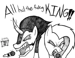Size: 6536x5072 | Tagged: absurd resolution, artist:thethunderpony, black and white, derpibooru import, dialogue, duet, eyes closed, fluttershy, grayscale, king sombra, metal, microphone, monochrome, piercing, safe, shipping, singing, sombrashy, traditional art, vulgar