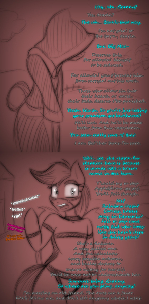 Size: 625x1274 | Tagged: questionable, semi-grimdark, artist:lil miss jay, derpibooru import, granny smith, rainbow dash, anthro, ask lil miss rarity, cloak, clothes, eyeliner, lingerie, saddle, saddledash, tumblr