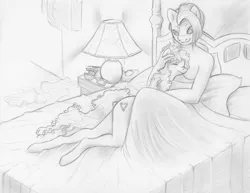 Size: 1200x924 | Tagged: anthro, artist:mommashy, babs seed, babstwist, bed, bedsheets, derpibooru import, female, lamp, lesbian, monochrome, nudity, older, shipping, suggestive, traditional art, twist