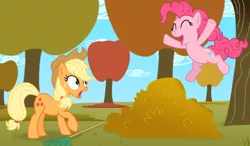 Size: 1318x768 | Tagged: applejack, artist:lifesharbinger, derpibooru import, leaf pile, leaves, pinkie pie, rake, safe