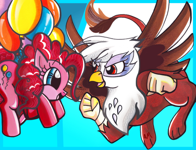 Size: 659x502 | Tagged: safe, artist:alia-star, derpibooru import, gilda, pinkie pie, gryphon, balloon, flying, then watch her balloons lift her up to the sky