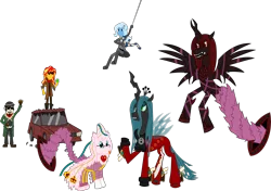 Size: 15398x10847 | Tagged: safe, artist:jewelsfriend, derpibooru import, queen chrysalis, sunset shimmer, trixie, oc, oc:fluffle puff, oc:marksaline, changeling, equestria girls, absurd resolution, bayonetta, crossover, dan, dan vs, enzo, jeanne, luka, rodin