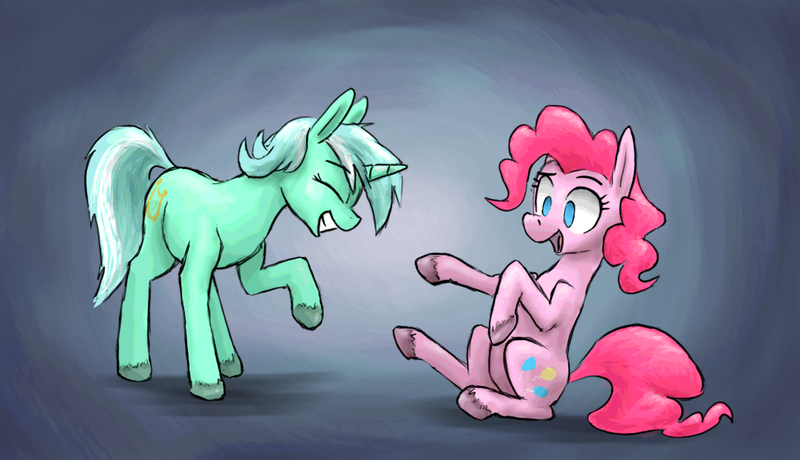 Size: 1072x616 | Tagged: safe, artist:paper-pony, derpibooru import, lyra heartstrings, pinkie pie, earth pony, pony, unicorn, duo, eyes closed, gradient background, grin, smiling