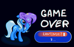 Size: 730x461 | Tagged: safe, artist:scootiebloom, derpibooru import, trixie, pony, unicorn, animated, continue, countdown, female, game over, mare, solo