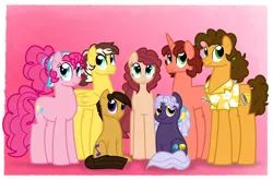 Size: 1100x726 | Tagged: safe, artist:faith-wolff, derpibooru import, cheese sandwich, pinkie pie, oc, oc:banana toffee split, oc:jelly marie doughnut, oc:peach winnimere pie, oc:peanut butter cup, oc:strawberry marscapone sandwich, earth pony, pegasus, pony, unicorn, alternate hairstyle, bandana, big family, cheesepie, faithverse, family, family photo, female, gradient background, male, next generation, offspring, parent:cheese sandwich, parent:pinkie pie, parents:cheesepie, pink background, shipping, simple background, straight