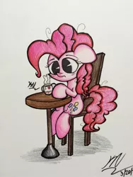 Size: 960x1280 | Tagged: artist:pelate, coffee, derpibooru import, pinkie pie, safe, solo, traditional art