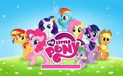 Size: 1280x800 | Tagged: safe, derpibooru import, screencap, applejack, fluttershy, pinkie pie, rainbow dash, rarity, spike, sunset shimmer, twilight sparkle, pony, alternate mane seven, gameloft, loading screen, mane seven, mane six, my little pony logo