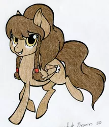 Size: 1103x1280 | Tagged: safe, artist:ihmislehma, derpibooru import, oc, oc:brownie biscuit, unofficial characters only, pegasus, pony, braid, grin, looking at you, smiling, solo, traditional art, trotting