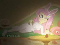 Size: 2000x1500 | Tagged: safe, artist:sumin6301, derpibooru import, fluttershy, equestria girls, bodysuit, bunny costume, bunny ears, clothes, image, jpeg, solo, stupid sexy fluttershy, wink